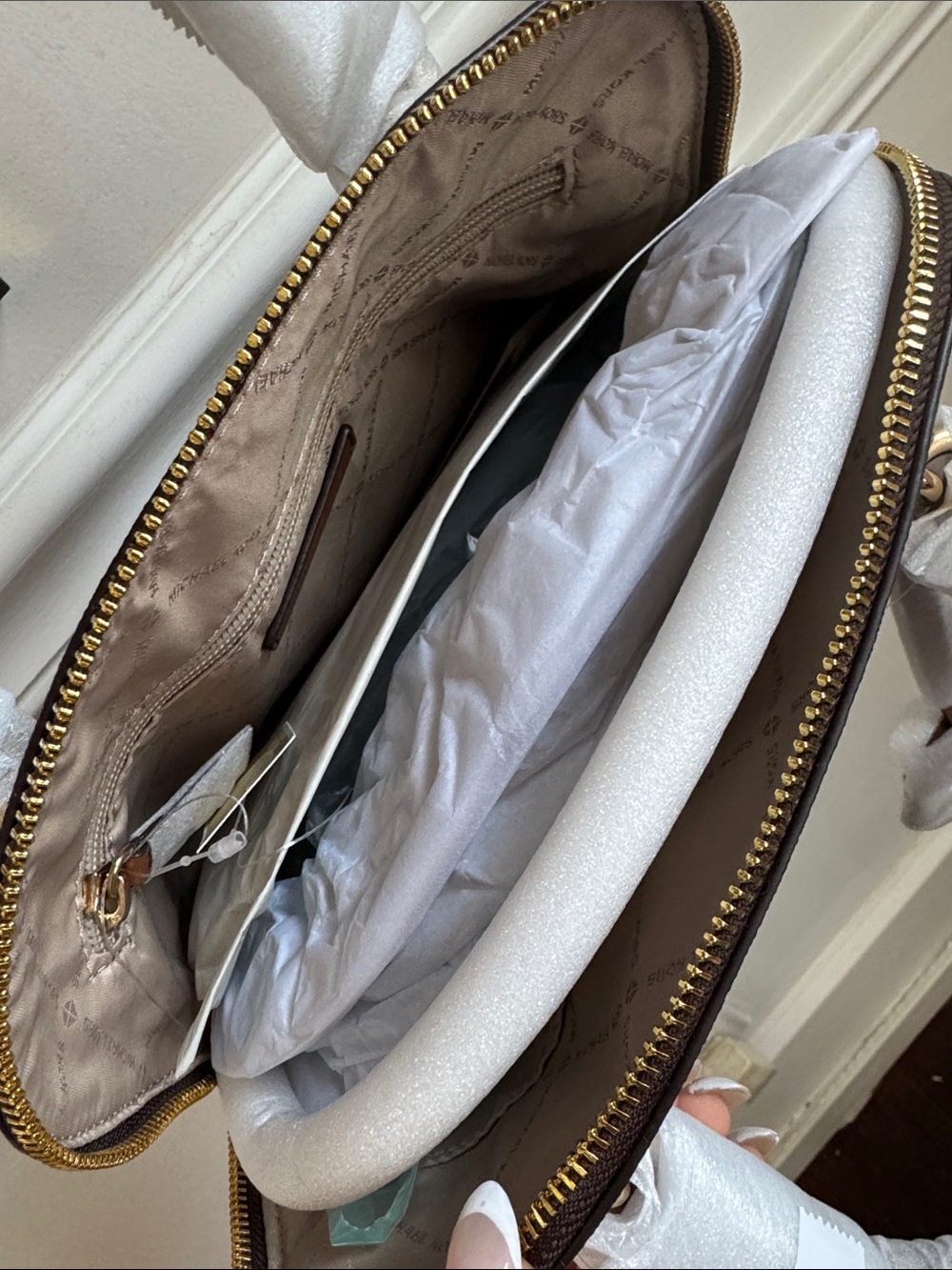 Michael Kors Brown MK Signature Dome Satchel with Gold Logo - Picture 2 of 5